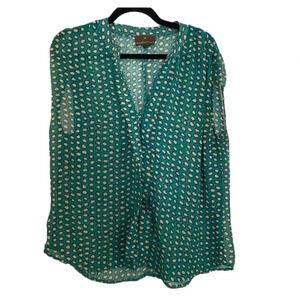 Fenn Wright Mason Green Print Sheer Chiffon Sleeveless Button Up Top Size Large